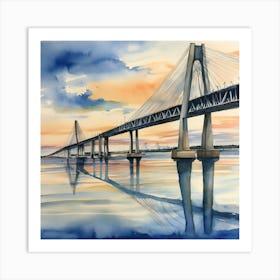 Accurate drawing and description. Sunset over the Arthur Ravenel Jr. Bridge in Charleston. Blue water and sunset reflections on the water. Watercolor.4 Art Print