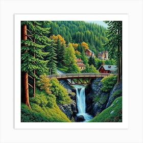 Waterfall In The Mountains Art Print