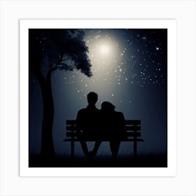 Couple Sitting On Bench At Night Art Print