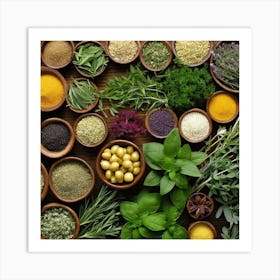 Various Herbs In Bowls Art Print