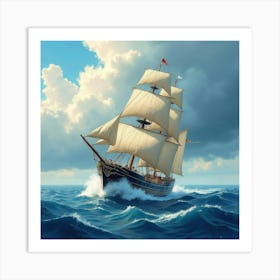 Grand Old Ship Navigating Watercolor Storm Clouds 1 Art Print