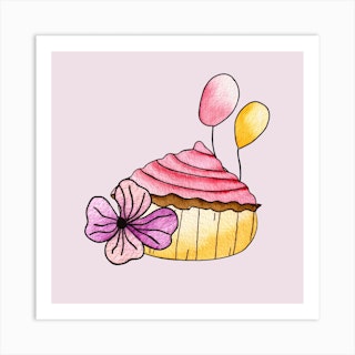 Pink Strawberry Cupcake Square Art Print