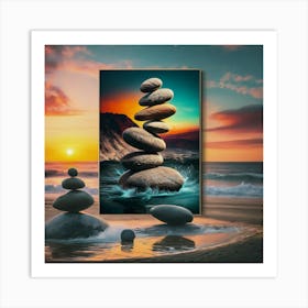 Zen balancing stones at sunset 5 Art Print