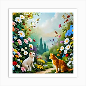 Cats In The Garden 1 Art Print