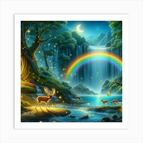 Fairy Forest With Rainbow And Deer Art Print