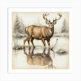 Deer In The Water 29 Art Print