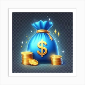 A bright and colorful digital painting of a blue money bag with a dollar sign on it. The bag is sitting on a pile of gold coins, and there are sparkles and stars all around it. The background is a transparent grid. The painting has a cartoonish style, and it is very eye-catching. It would be perfect for a website or blog about money or finance. Art Print