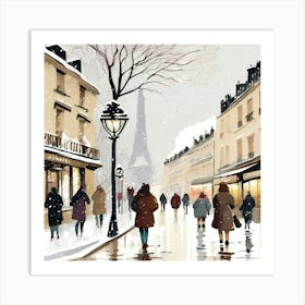 Paris cafes, winter season, Christmas, pale colors, pedestrians in the street, winter clothes, falling snow.6 Art Print