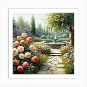 Rose Garden With The Fountain, Acrylic Style Painting 15 Art Print