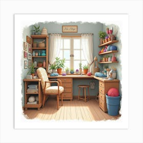 Cozy Knitting Shop In Watercolor, With Yarn And Crafting Supplies Art Print