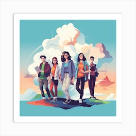 Group Of People Standing On A Cloud Art Print