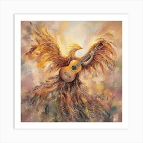 Phoenix awater color paint An exquisite, abstract rendition of soulful strumming, where the guitar is metaphorically replaced by a soaring, ethereal phoenix. The bird's vibrant feathers cascade like strings, emanating a warm, golden glow. As it strums its own divine melody, the phoenix embodies the spiritual essence of music, transcending physicality and resonating with the deepest chords of the soul. The background is a harmonious blend of dreamy, impressionistic hues, evoking a sense of transcendence and boundless creativity. Art Print