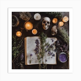 Spellbook, candles and skull Art Print