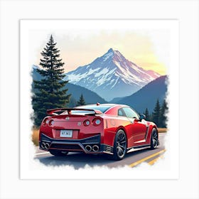 Nissan Gt R Nismo With A Vivid, Watercolor Mountain View Art Print