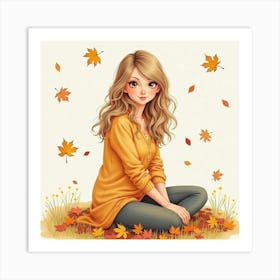 Watercolor Taylor Swift In A Cozy Autumn Scene, Leaves Softly Falling Around Art Print