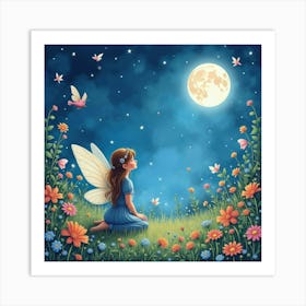 Fairy Garden Under Watercolor Stars And Moonlight 1 Art Print