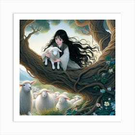 Beautiful young girl with long black shiny hair rescuing a little lamb. Art Print