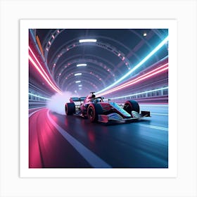 Formula Car Drifting On A Curvy Neon Lit Track Under Glowing Futuristic Bridges 1 Art Print