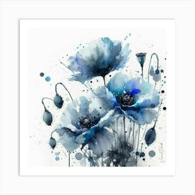 Wet On Wet Blue Poppie Flowers 2 Art Print