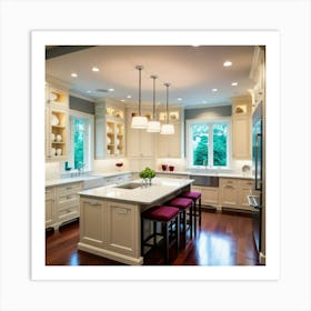 White Kitchen With Purple Stools Art Print