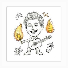 Caricature Of A Boy Playing Guitar Art Print