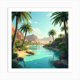 Lush Oasis With Palm Trees, Clear Water, And Desert Landscape 1 Art Print