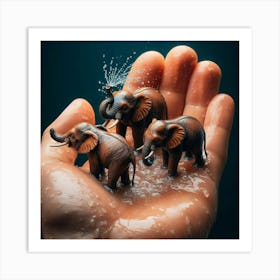 Elephants In Water Art Print