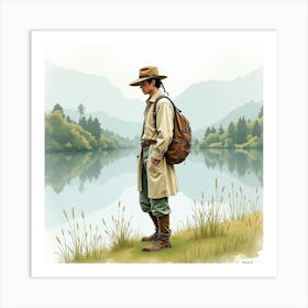 Lovely Man In Watercolor Outfit, Serene Lakeside Scene 1 Art Print