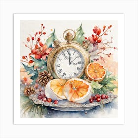 Clock With Oranges And Pine Cones Art Print