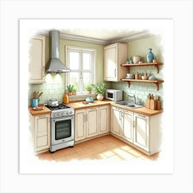 Elegant Kitchen Watercolor, Cheerful And Warm Ambiance 1 Art Print