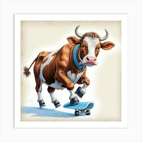 Cow Skateboarding Art Print