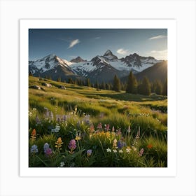 A Serene Alpine Meadow With Wildflowers And A Backdrop Of Snow Capped Mountains 2 Art Print