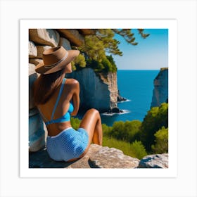 Woman Sitting On Cliff Overlooking Sea Art Print