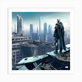 A man looking at a city in ruins in a dystopian future Art Print