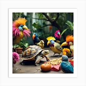 Tortoise With Feather On Is Shell Sneaking Into The Bird S Party And Making Himself At Home (2) Art Print