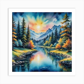 Radiant Wilderness: Where Mountains Meet Magic Sunset By The River Art Print