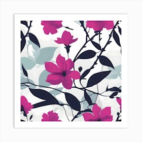 Fuchsia White and Grey Flower Pattern Art Print