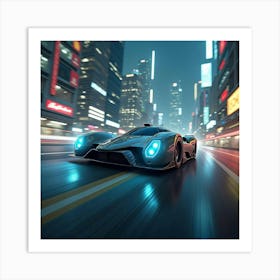 High Tech Flying Car With Glowing Lights, Zooming Through A Futuristic City 1 Art Print