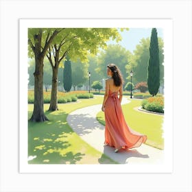 Spanish Woman In A Tranquil Park, Watercolor With Peaceful Shades 1 Art Print