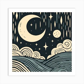 Linocut, Scandinavian Style, Night Sky with Crescent Moon 4 Art Print