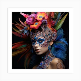 Beautiful Woman In Colorful Feathers Art Print