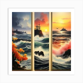 hree different vertical panels, ocean sea ⛵ ships 7 Art Print