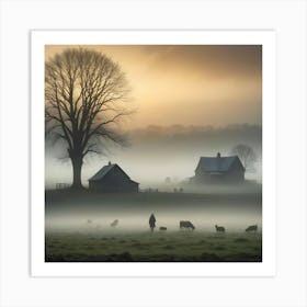 A Misty Morning Scene On A Farm With A Silhouetted Figure Tending To Sheep And Cows Grazing Near Barns And A Large Tree Art Print