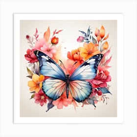 Watercolor Butterfly And Flowers Art Print