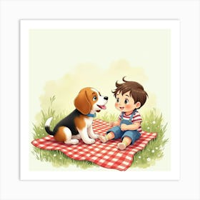 Friendly Beagle Puppy And A Child On A Watercolor Picnic Blanket 1 Art Print