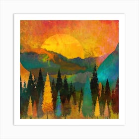 Trees Mountains Sun Sunrise Warm Art Print