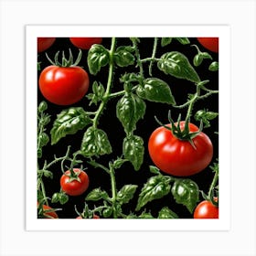 Tomato Vines On Black Background Art Print