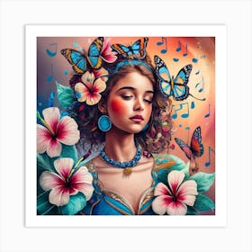 Hawaiian Girl With Butterflies Art Print