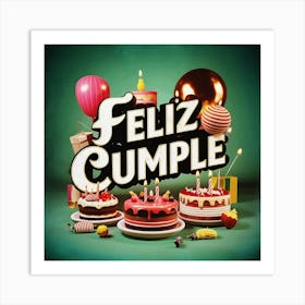 Feliz cumple and Feliz cumpleaños sign means Happy Birthday in Spanish language, Birthday party celebration gift with birthday cake candle colorful balloons best congratulation over light background wall artFeliz Cumple 53 Art Print