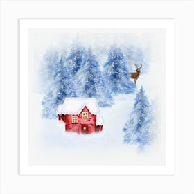 Red House In The Snow Art Print